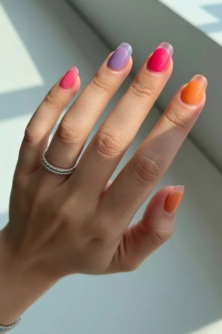 Brightly colored manicure featuring nails painted in pink, purple, orange, and coral shades, showcasing a vibrant and trendy nail art design.
