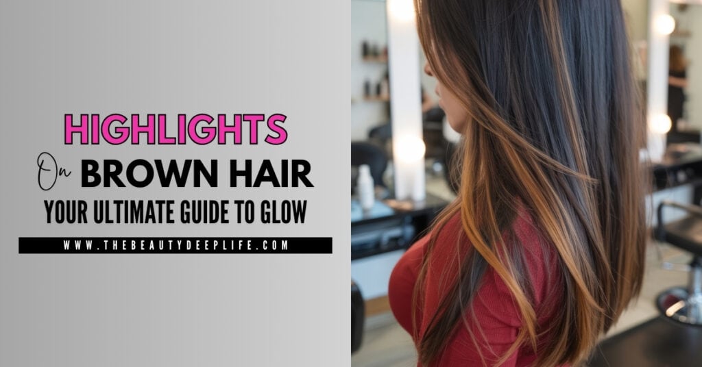 Beautiful woman with glossy brown hair styled with subtle highlights, showcasing a healthy, shiny hair look perfect for a beauty and hair care blog.