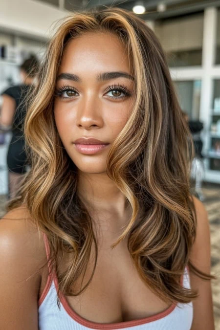 Beautiful woman with long, wavy hair and glowing skin, showcasing highlights on light brown hair.
