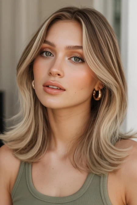 Blonde woman with soft, wavy hair and natural makeup, wearing a green tank top, in a bright indoor setting. Perfect for beauty, skincare, and lifestyle content.