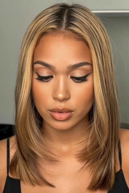Soft blonde hair styled straight with subtle layers, complemented by natural makeup highlighting her features, in a modern, minimalistic setting.
