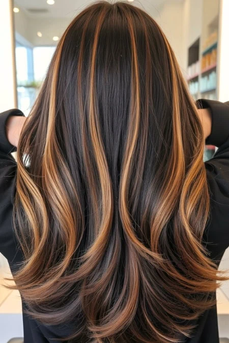 Beautiful multi-dimensional hair with caramel, honey, and dark brown highlights, styled in soft waves. Perfect for a professional salon setting focused on hair coloring and styling.
