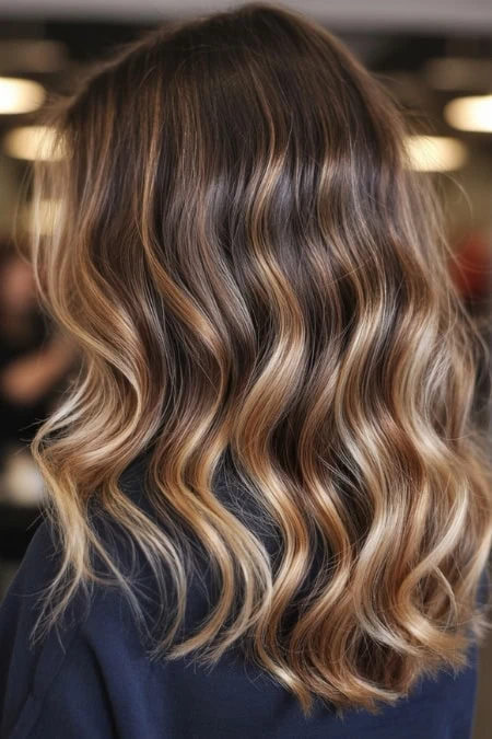 Balayage hair with soft waves, warm caramel and honey highlights, styled for a natural, sun-kissed look. Perfect for a trendy, effortless hairstyle that enhances hair dimension and shine.