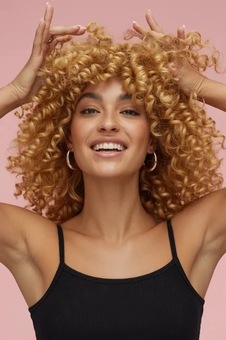 Curly blonde woman with voluminous, tight curls, smiling confidently against a pink background. She is wearing a black tank top and hoop earrings, showcasing healthy, styled hair.