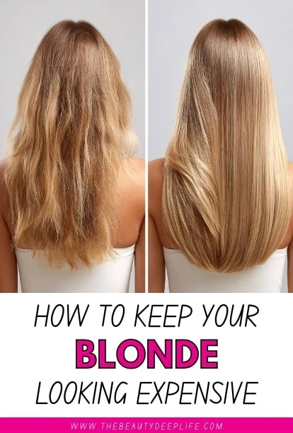 Before and after images showing a woman’s hair transformation from frizzy, dull blonde to smooth, shiny, and healthy blonde hair, highlighting hair care tips for maintaining blonde hair.