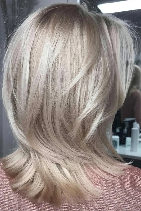 back of a woman's head at a salon with a silvery trendy haircut.