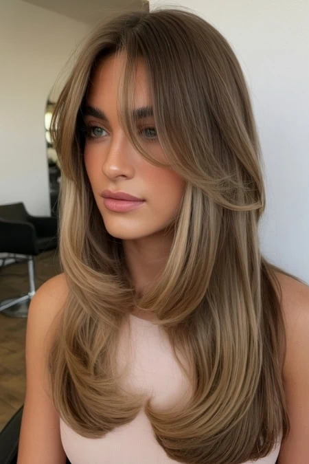Close-up of a woman with long, layered bronde hairstyle.