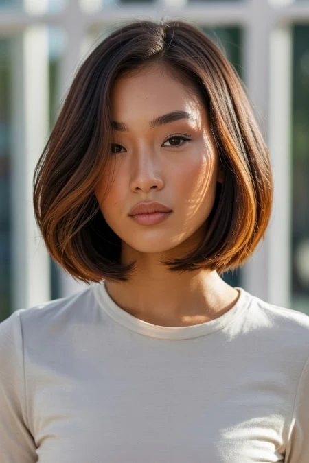 Asian woman with shoulder-length hair, natural makeup, and a neutral expression, standing outdoors with sunlight highlighting her features.