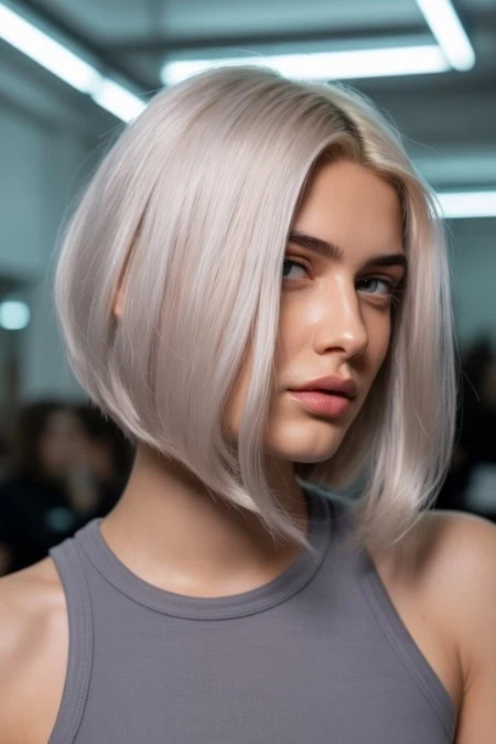 Modern blonde bob hairstyle featuring sleek, straight hair with a subtle side part, perfect for a chic and polished look. Ideal for beauty and hair styling inspiration.