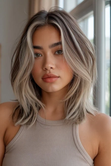 Woman with shoulder-length, wavy hairstyle wearing a beige tank top, standing indoors near a window with natural light.