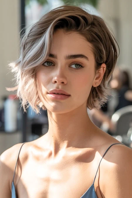 Elegant portrait of a young woman with short, wavy hair and subtle makeup, showcasing contemporary beauty and confidence, ideal for beauty and lifestyle content.