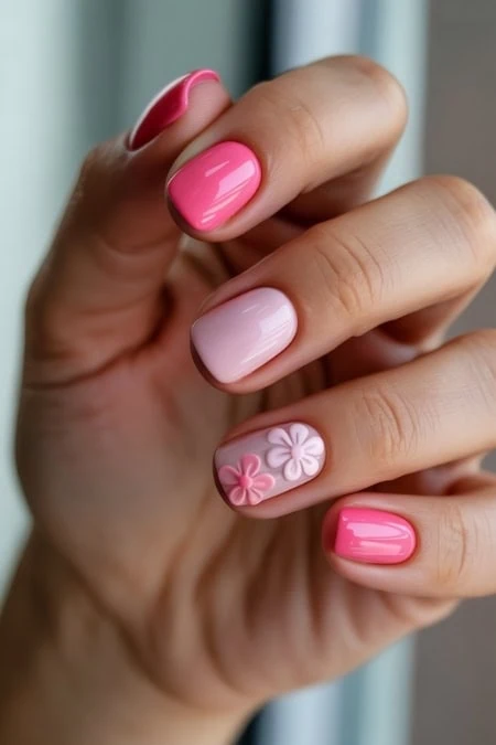 Elegant floral nail art featuring pink and white nails with 3D flower accents, perfect for spring and summer beauty looks. Showcasing detailed, stylish manicure for women interested in nail design and.