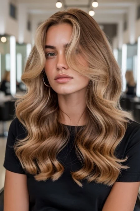 Beautiful woman with long, wavy hairstyle, wearing a black top, in a modern salon setting with bright lighting and mirrors in the background.