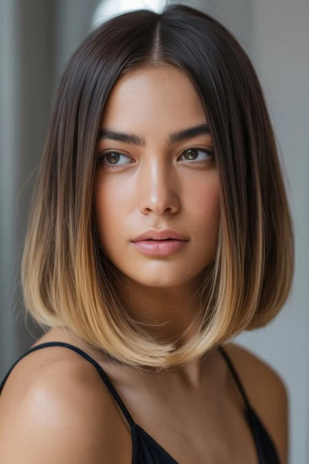 Beautiful woman with styled ombre hair, natural makeup, and a black top, emphasizing beauty, confidence, and self-care.