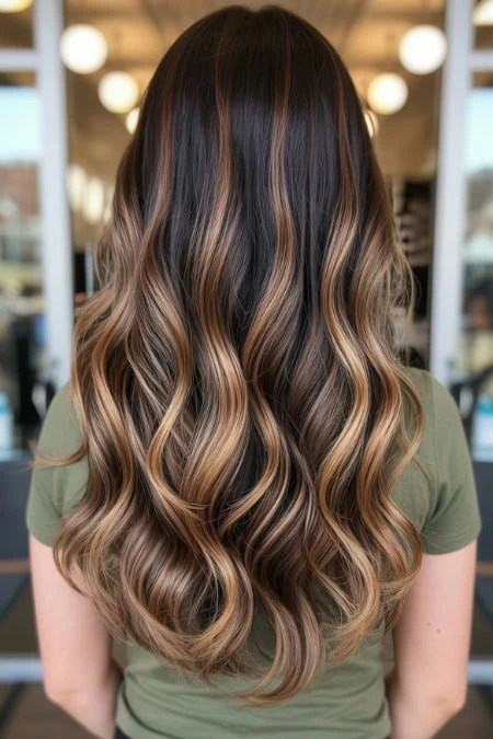 Beautiful long wavy hair featuring a blend of soft brown and blonde highlights, styled in loose waves for a natural, glamorous look. Perfect for hair color and styling inspiration.