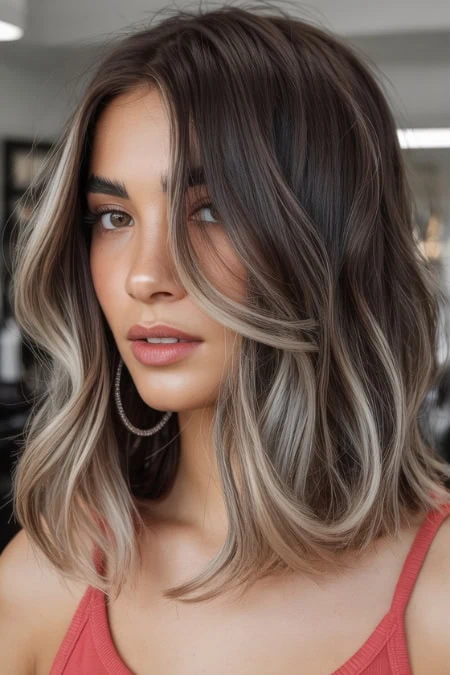 A young woman with shoulder-length, layered hair styled in soft waves, featuring blonde highlights and darker roots, showcasing a trendy and natural hair look.