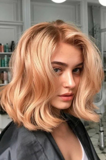 Blonde wavy bob hairstyle featuring soft, voluminous waves perfect for a modern, stylish look. Ideal for those seeking a fresh, trendy hairdo with a natural, effortless appearance.