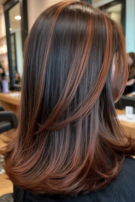 Beautiful layered brown hair with subtle caramel highlights, styled smoothly for a polished look. Perfect for showcasing hair coloring and styling techniques.
