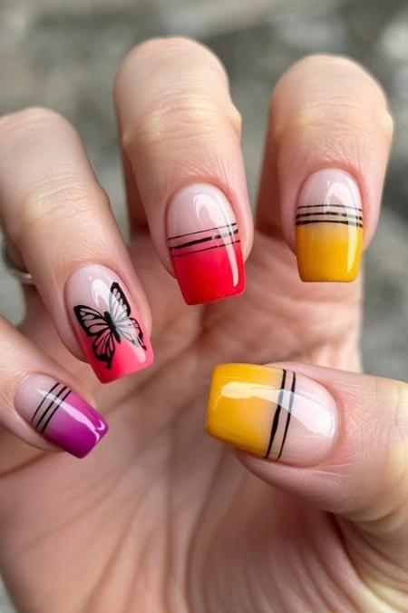Bright and vibrant square nails featuring multiple colors and patterns, perfect for beauty and fashion enthusiasts.