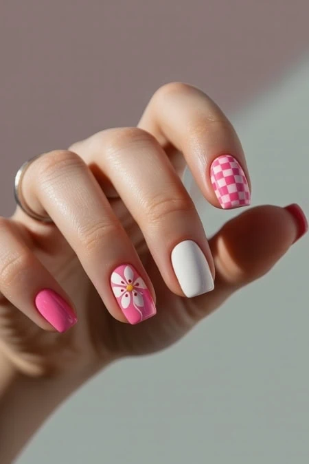 Beautiful hand showcasing spring-themed nail art with pink, white, and checkered patterns, perfect for a fresh and stylish look.