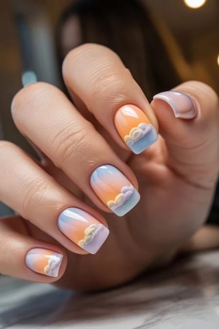 Beautiful sunset and cloud nail art with pastel colors on well-manicured square nails.