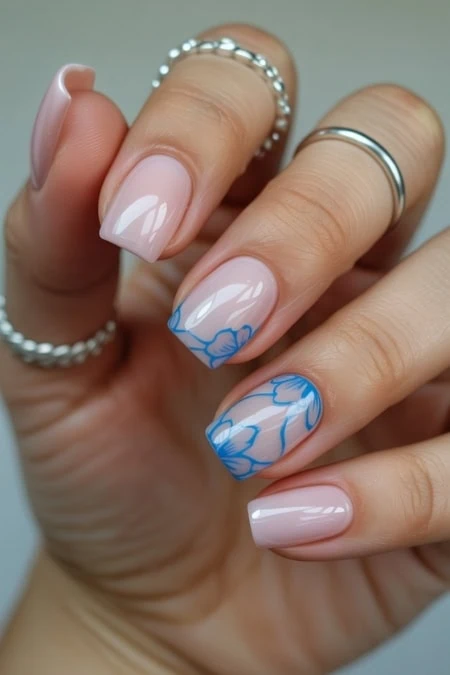 Nail art featuring a soft pink base with intricate blue floral patterns on the ring and middle fingers, highlighting beauty and personal care for square nails.