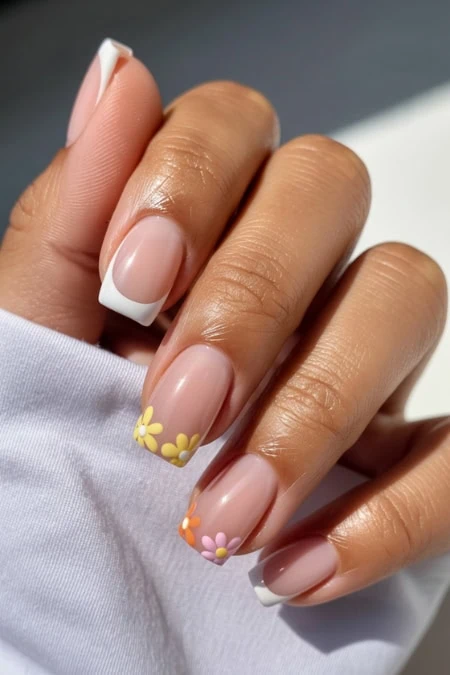Elegant floral nail art featuring pastel-colored flowers on a natural nail base with white tips, showcasing a stylish and feminine manicure perfect for spring or special occasions.