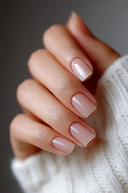Soft nude manicure with neatly square shaped nails on a hand, showcasing elegant and natural nail care. Perfect for beauty, skincare, and self-care themes.
