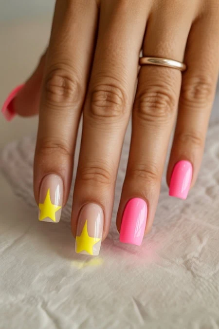 Nail art featuring bright pink and beige nails with yellow star designs, perfect for a fun and stylish manicure. Showcasing creative square nails design ideas for a trendy and eye-catching look.