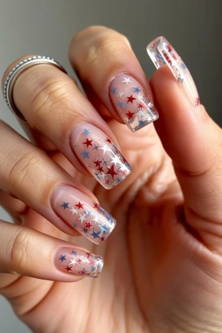 festive, star-themed nail art featuring red, white, and blue stars on clear nails, perfect for celebrating national holidays or special occasions.