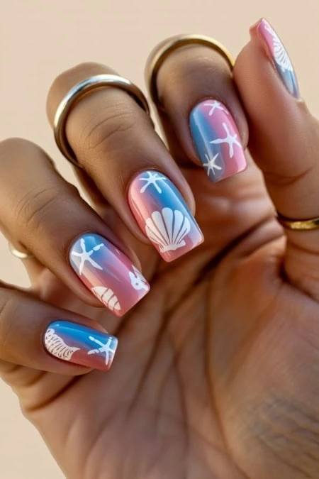 Themed manicure withseashells and starfish design, perfect for summer.