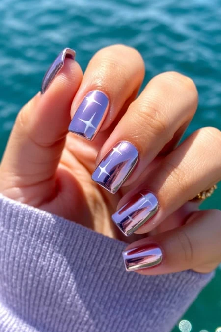 Holographic square nails design featuring shiny, reflective, iridescent finish on well-manicured nails, perfect for beauty and fashion enthusiasts.