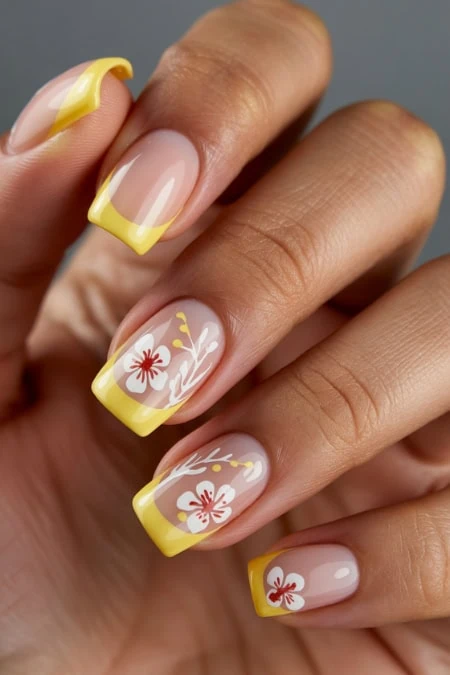 Beautiful floral nail design featuring yellow tips and white flower accents, ideal for spring and summer beauty looks, showcasing creative SQUARE NAILS AND manicure ideas.