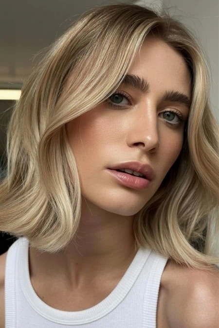 A portrait of a young blonde woman with flawless skin, subtle makeup, and soft waves in her hair, showcasing beauty and skincare elegance. Perfect for beauty, skincare, and lifestyle content.