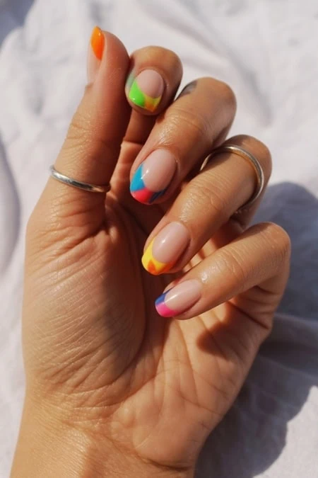Rainbow nail art, colorful manicure, trendy nail design, vibrant nails, fashion-forward nail art, The Beauty Deep Life.