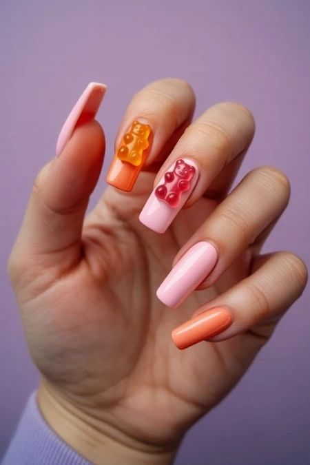 Beautiful hand showcasing creative nail art with pink and orange gel nails featuring 3D decorative accents, perfect for a trendy and artistic manicure.