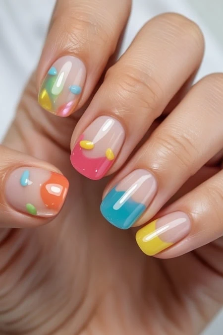 Vibrant pastel gel nails featuring playful dots and stripes in pink, yellow, blue, orange, and green, showcasing creative nail design and manicure trends.