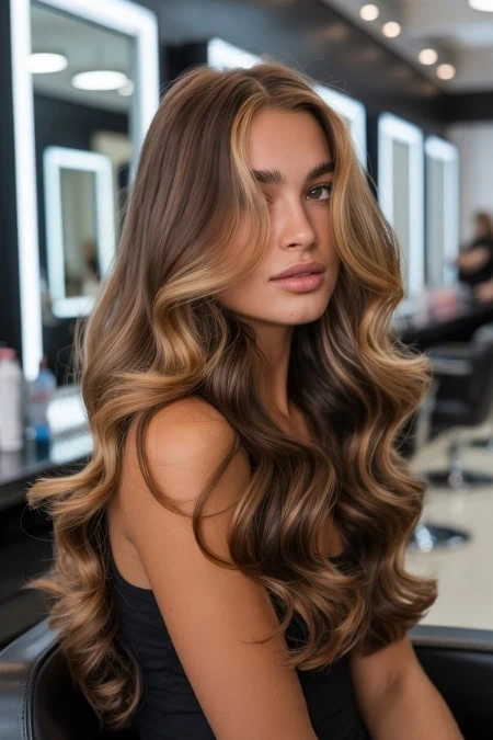 Glamorous long wavy hair styled for a beauty salon, showcasing healthy, shiny, and voluminous hair perfect for a beauty deep life look. Ideal for hair styling, hair care, and beauty inspiration.