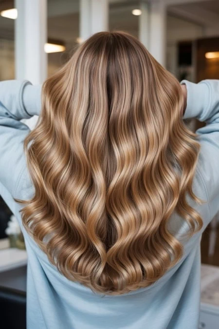 Beautiful long hair with soft caramel highlights and loose waves, showcasing healthy, shiny, and voluminous hair perfect for a natural, elegant look.