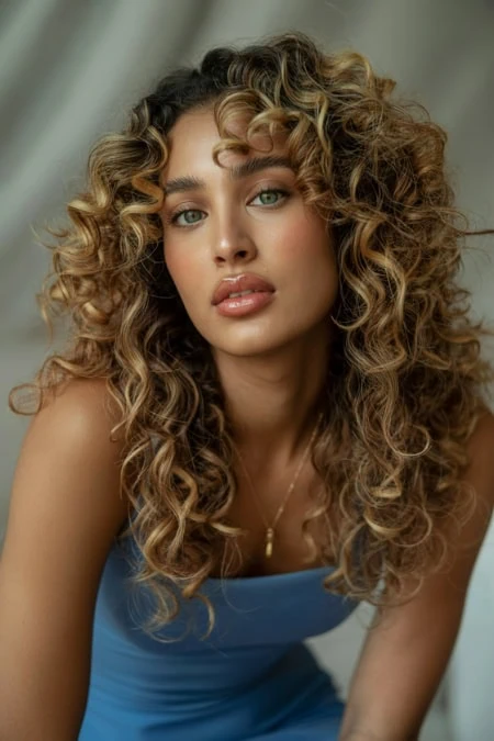A portrait of a young woman with voluminous, curly blonde hair and striking blue eyes, showcasing natural beauty and confident expression. Perfect for beauty, hair care, and lifestyle content.
