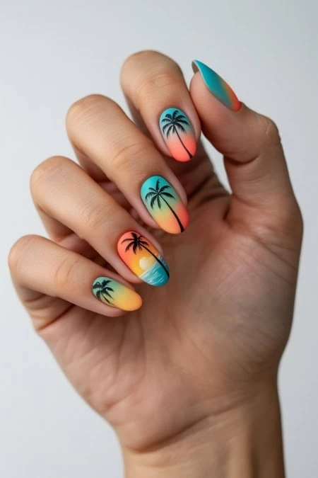 Tropical sunset nail design featuring palm trees and vibrant gradient colors, perfect for summer and beach-inspired looks.