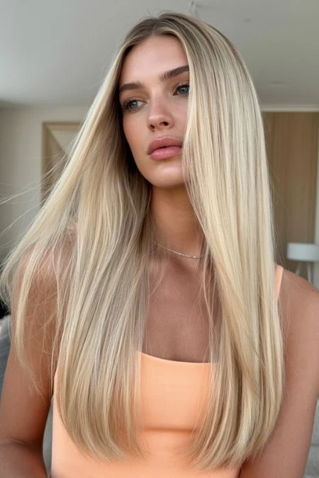 Blonde woman with long, smooth, and shiny hair, showcasing healthy hair care and styling. Perfect for beauty, hair care, and styling tips on The Beauty Deep Life.