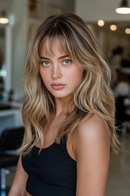 A young woman with blonde, wavy hair and natural makeup, wearing a black tank top, posing confidently in a contemporary salon setting with professional lighting and styling equipment in the background.