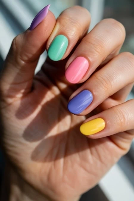 Colored manicure featuring purple, pink, mint green, blue, and yellow nails, showcasing trendy nail art and vibrant spring or summer nail design for beauty and self-care.
