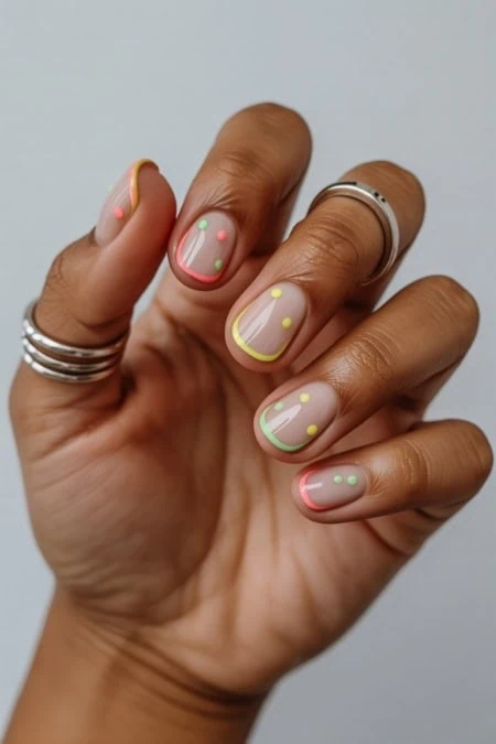 Close-up of a hand with pastel-colored nail art featuring dots and stripes, showcasing trendy and creative manicure design for a fresh, stylish look.