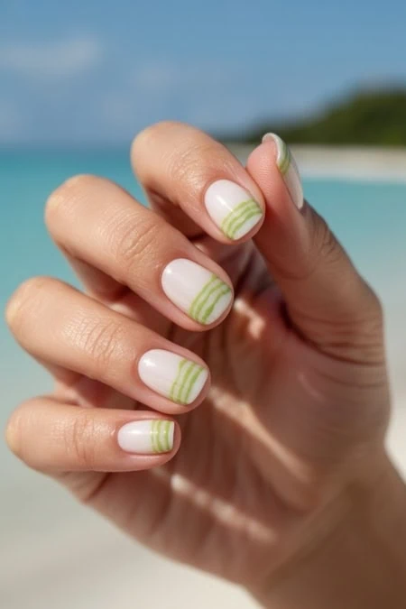 Themed nail art with white and green stripes on natural nails, perfect for summer and vacation looks.