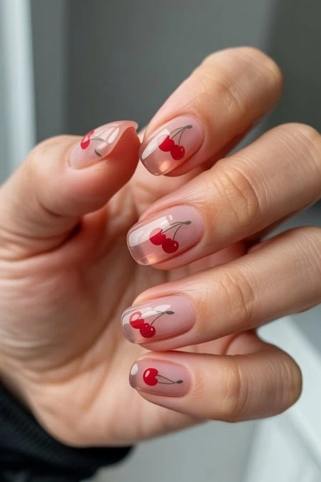 Themed nail art with glossy finish on well-manicured nails, showcasing a playful and stylish look perfect for spring or summer fashion.