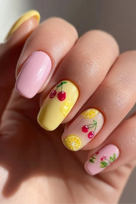 Bright yellow and pink summer nail design featuring cherries, lemon slices, and floral accents, perfect for a fresh and vibrant look for warm weather.