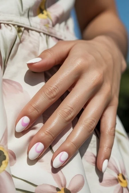 Beautiful hand with manicured nails featuring pink and white design, held against a floral dress outdoors, showcasing fresh, trendy nail art perfect for spring and summer seasons.