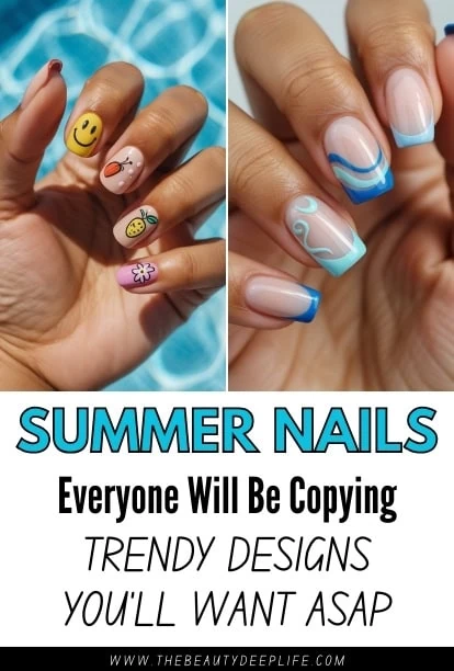 Beautiful summer nail art with colorful, playful designs including smiley faces, flowers, and ocean-inspired waves, perfect for a fun and trendy manicure.